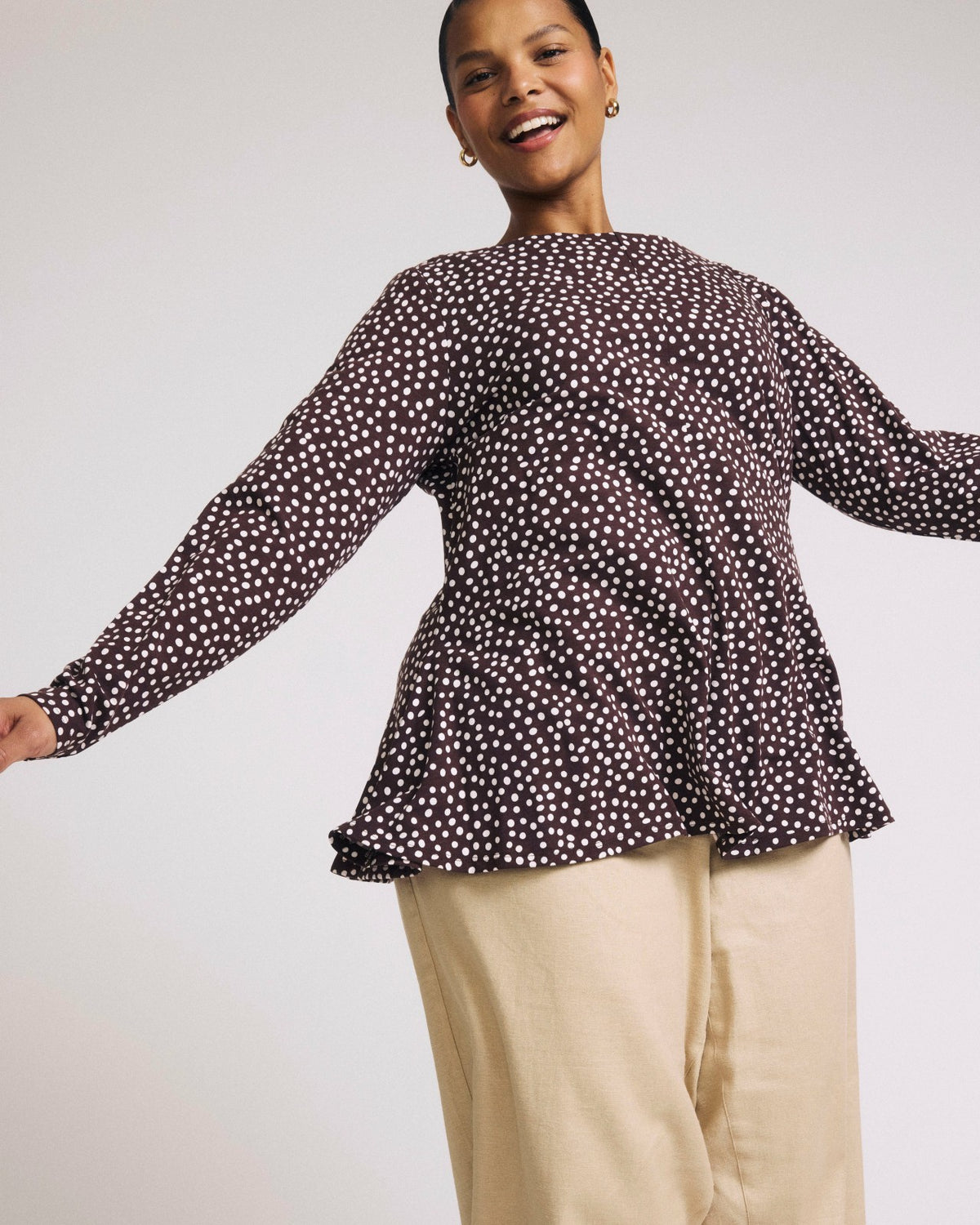 Cassandra Divine Jersey Top - Brown/White Dot Print | Universal Standard
