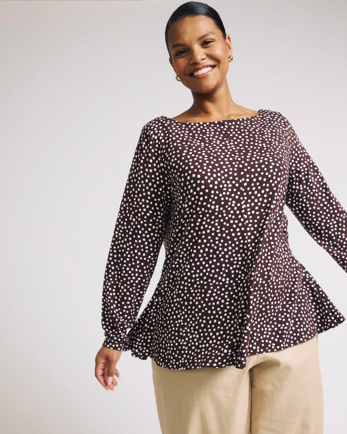 Cassandra Divine Jersey Top - Brown/White Dot Print | Universal Standard