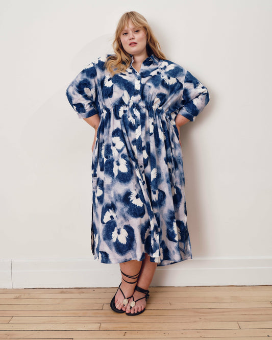 Paros Drawstring Linen Blend Shirtdress - Blue Pressed Flower Print | Universal Standard