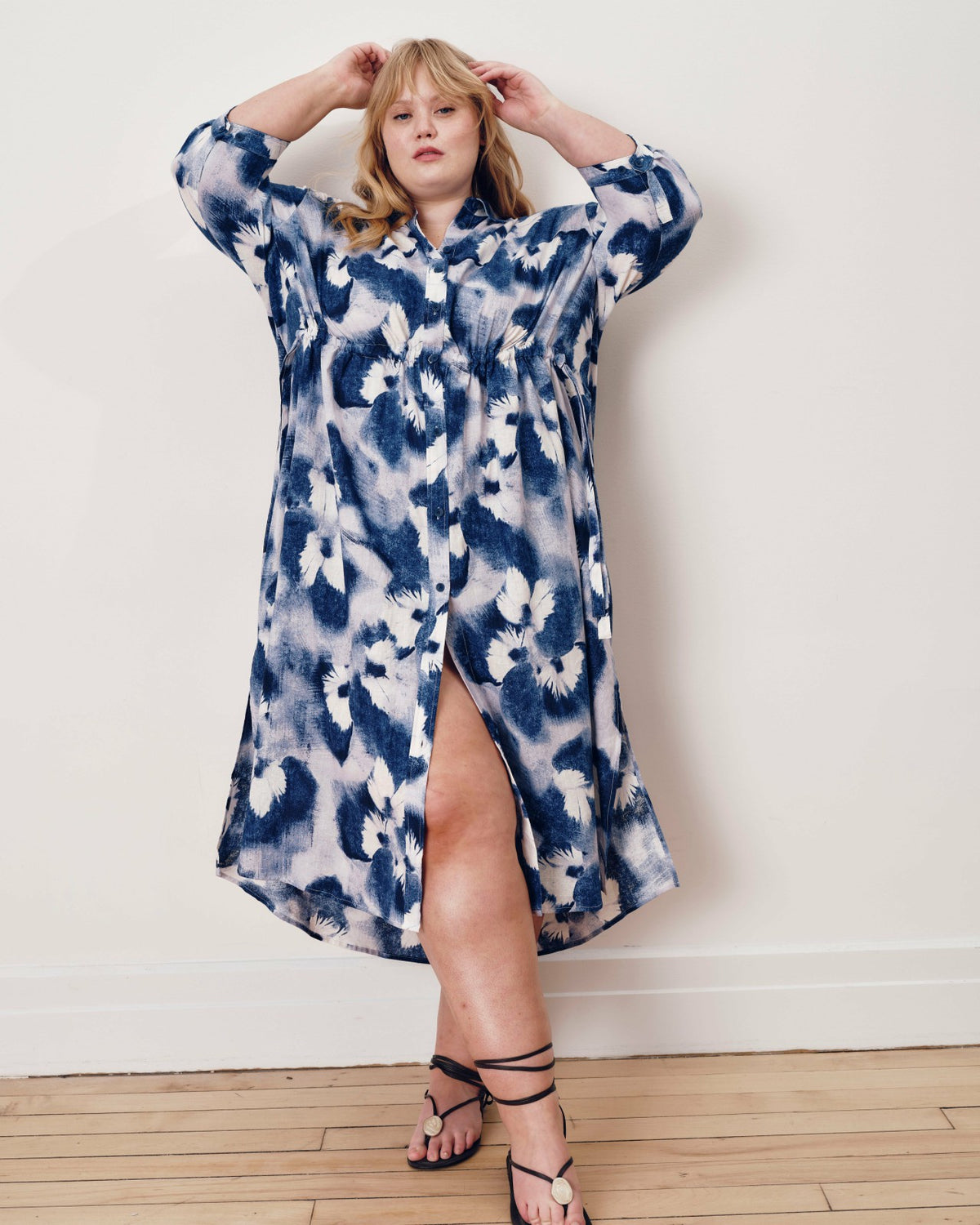 Paros Drawstring Linen Blend Shirtdress - Blue Pressed Flower Print | Universal Standard