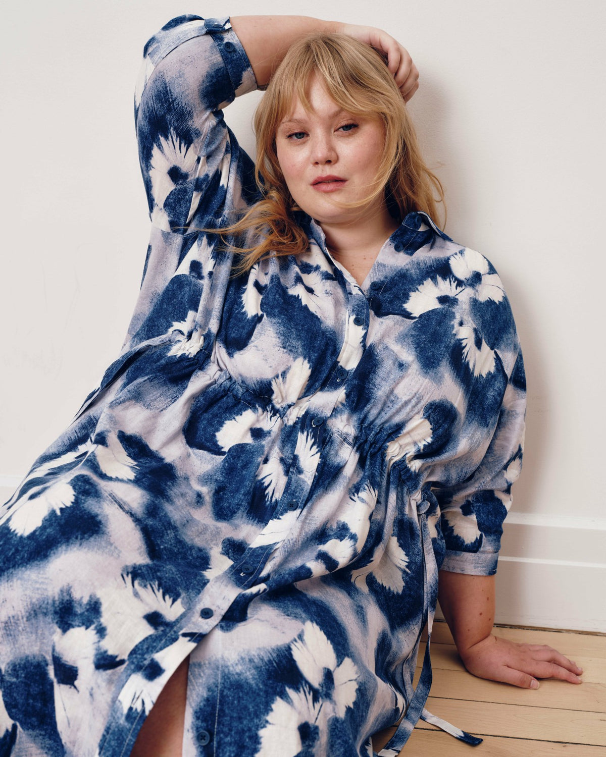 Paros Drawstring Linen Blend Shirtdress - Blue Pressed Flower Print | Universal Standard