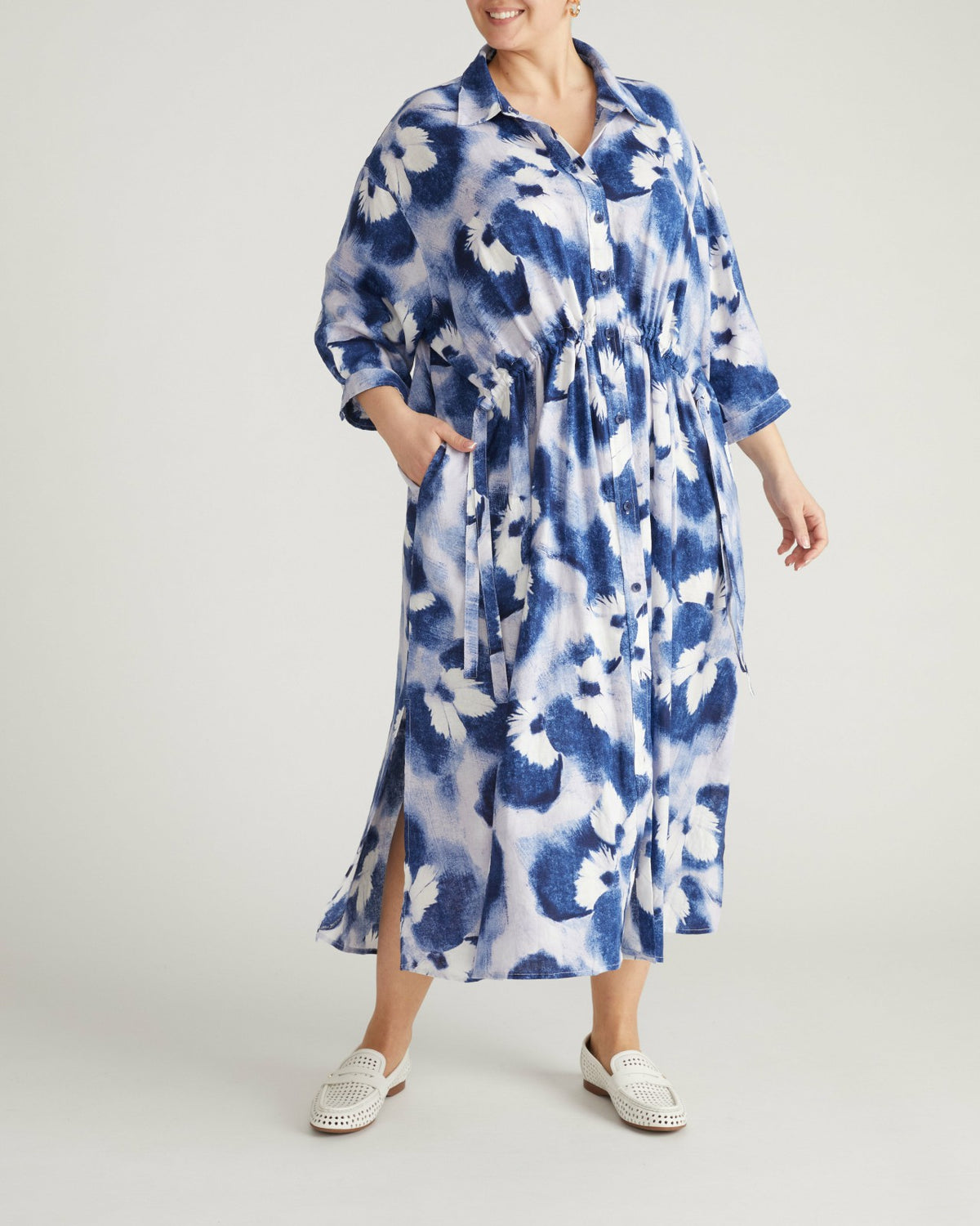 Paros Drawstring Linen Blend Shirtdress - Blue Pressed Flower Print | Universal Standard