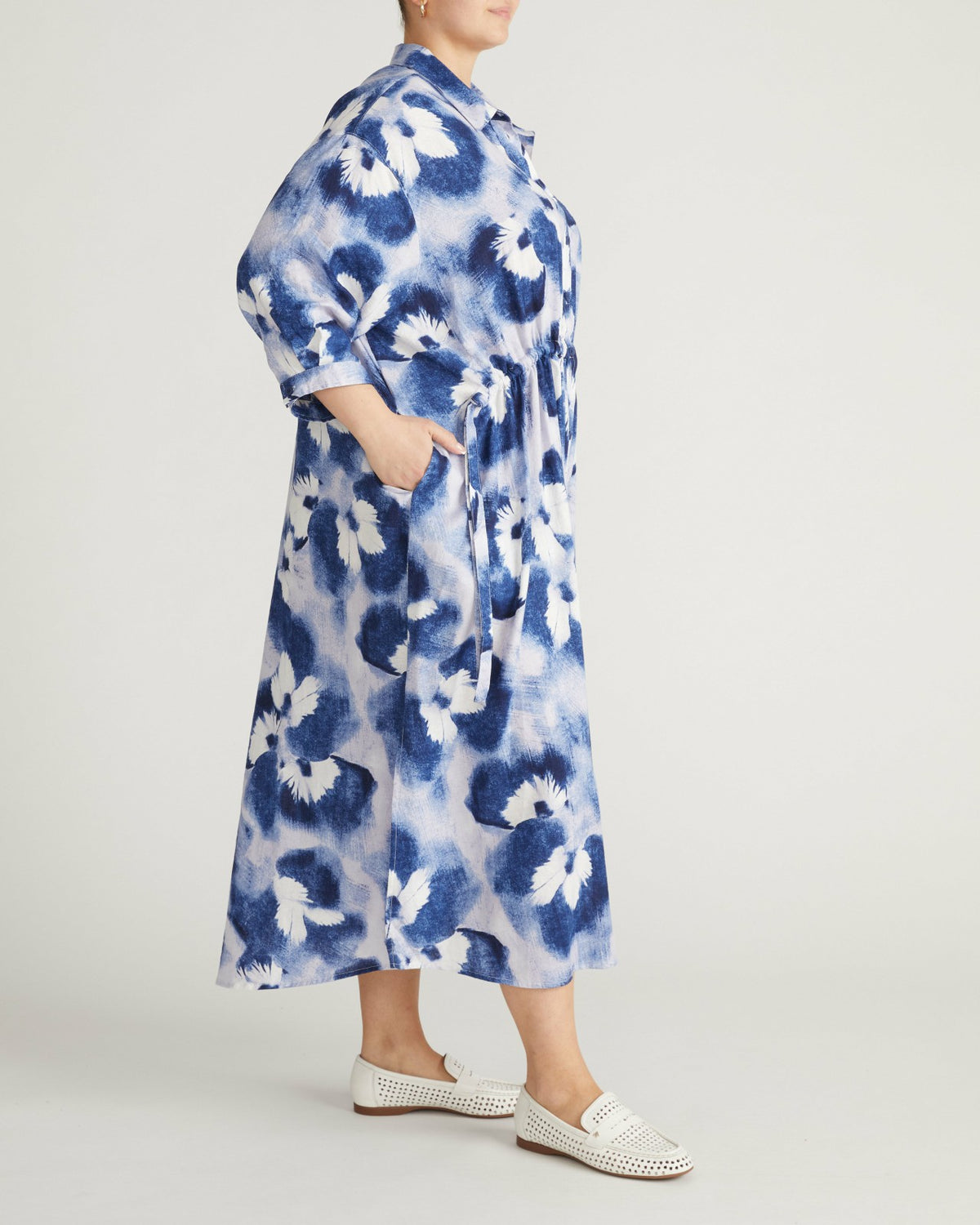 Paros Drawstring Linen Blend Shirtdress - Blue Pressed Flower Print | Universal Standard