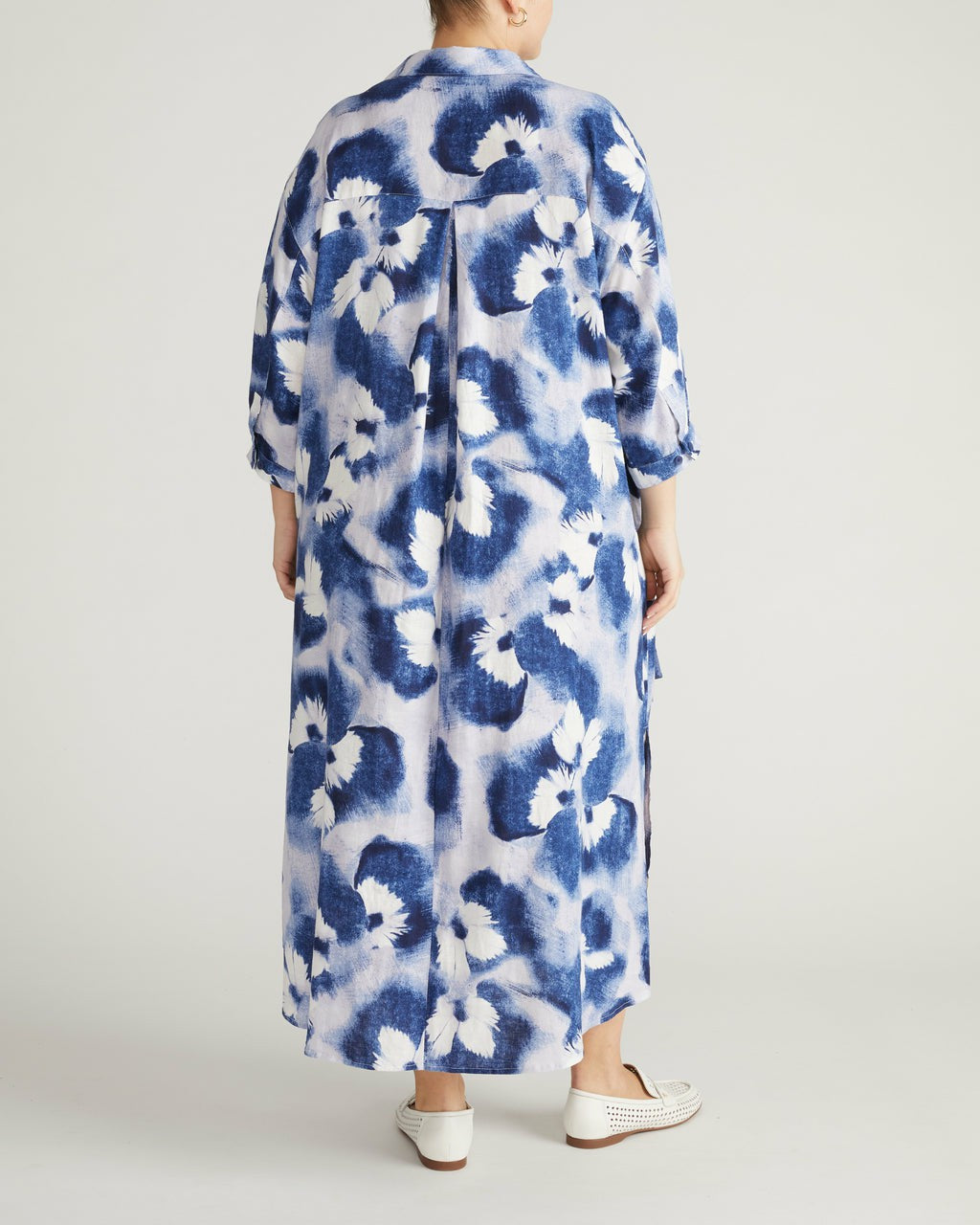 Paros Drawstring Linen Blend Shirtdress - Blue Pressed Flower Print | Universal Standard