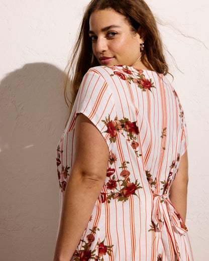 Sunset Linen Blend Flounce Dress - Wild Flower Bouquet Print on Stripe | Universal Standard