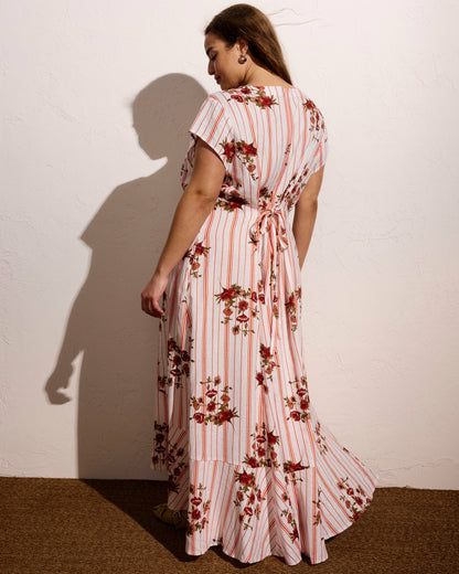 Sunset Linen Blend Flounce Dress - Wild Flower Bouquet Print on Stripe | Universal Standard