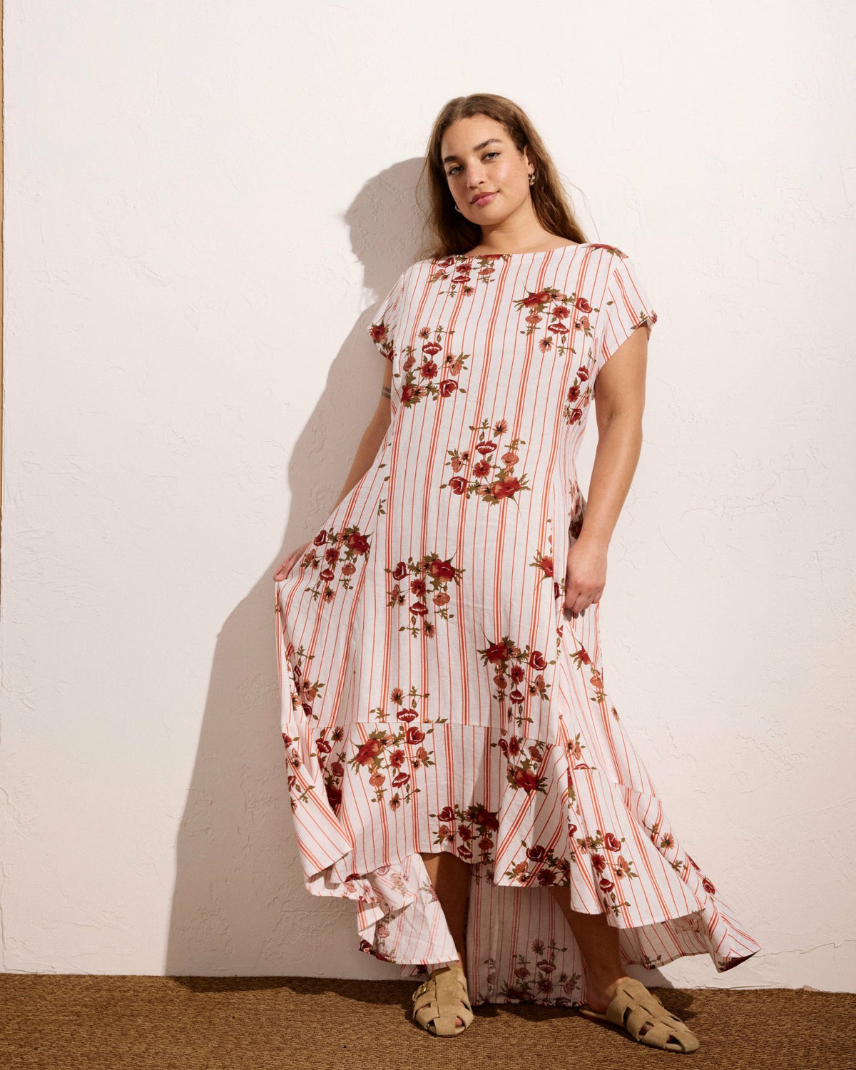 Sunset Linen Blend Flounce Dress - Wild Flower Bouquet Print on Stripe | Universal Standard