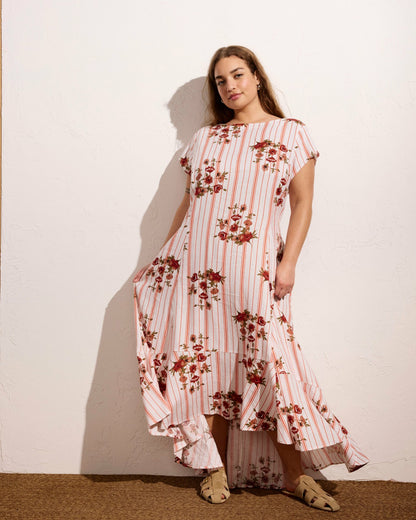 Sunset Linen Blend Flounce Dress - Wild Flower Bouquet Print on Stripe | Universal Standard