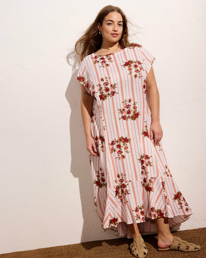 Sunset Linen Blend Flounce Dress - Wild Flower Bouquet Print on Stripe | Universal Standard