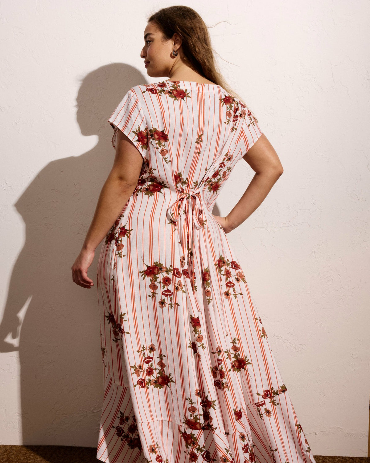Sunset Linen Blend Flounce Dress - Wild Flower Bouquet Print on Stripe | Universal Standard
