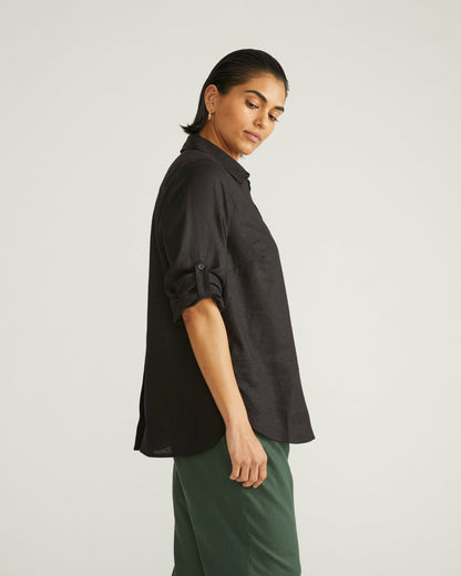 Button Back Linen Blend Polo Shirt - Black | Universal Standard