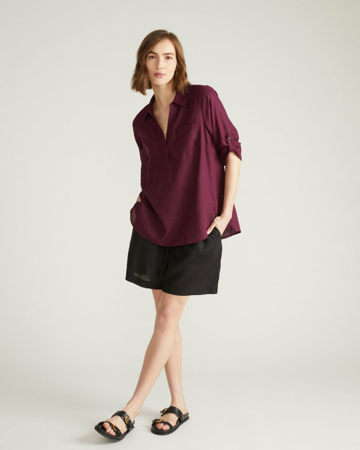 Button Back Linen Blend Polo Shirt - Acai | Universal Standard