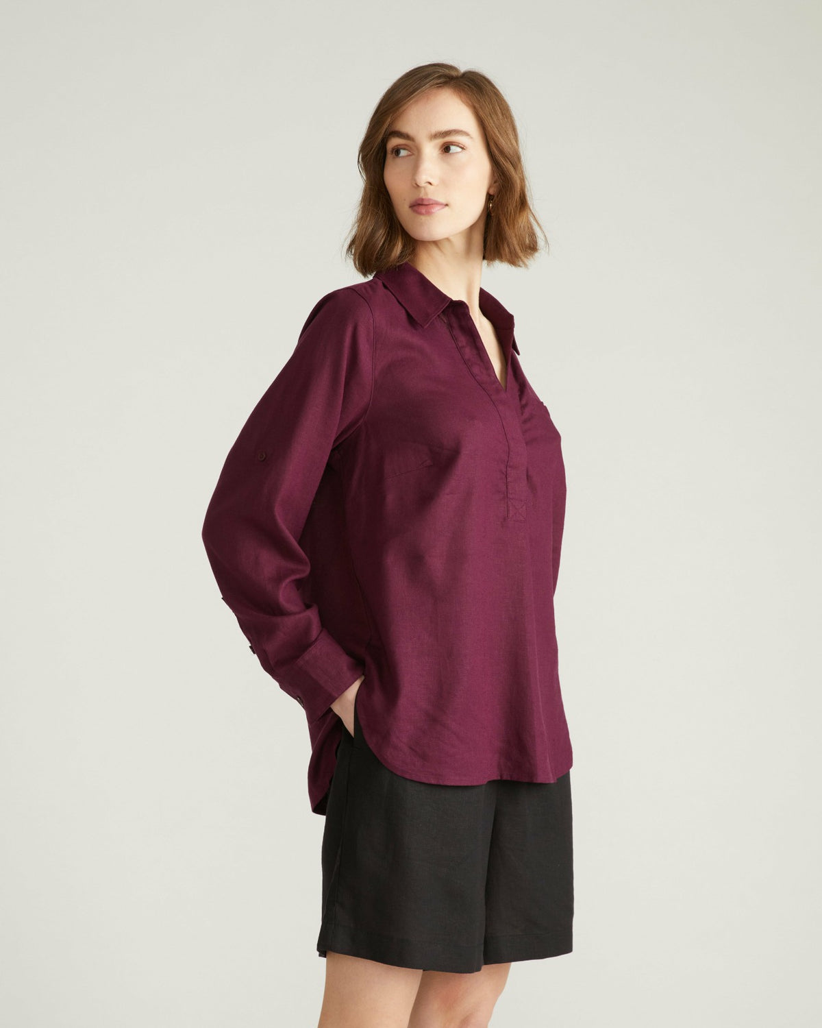 Button Back Linen Blend Polo Shirt - Acai | Universal Standard