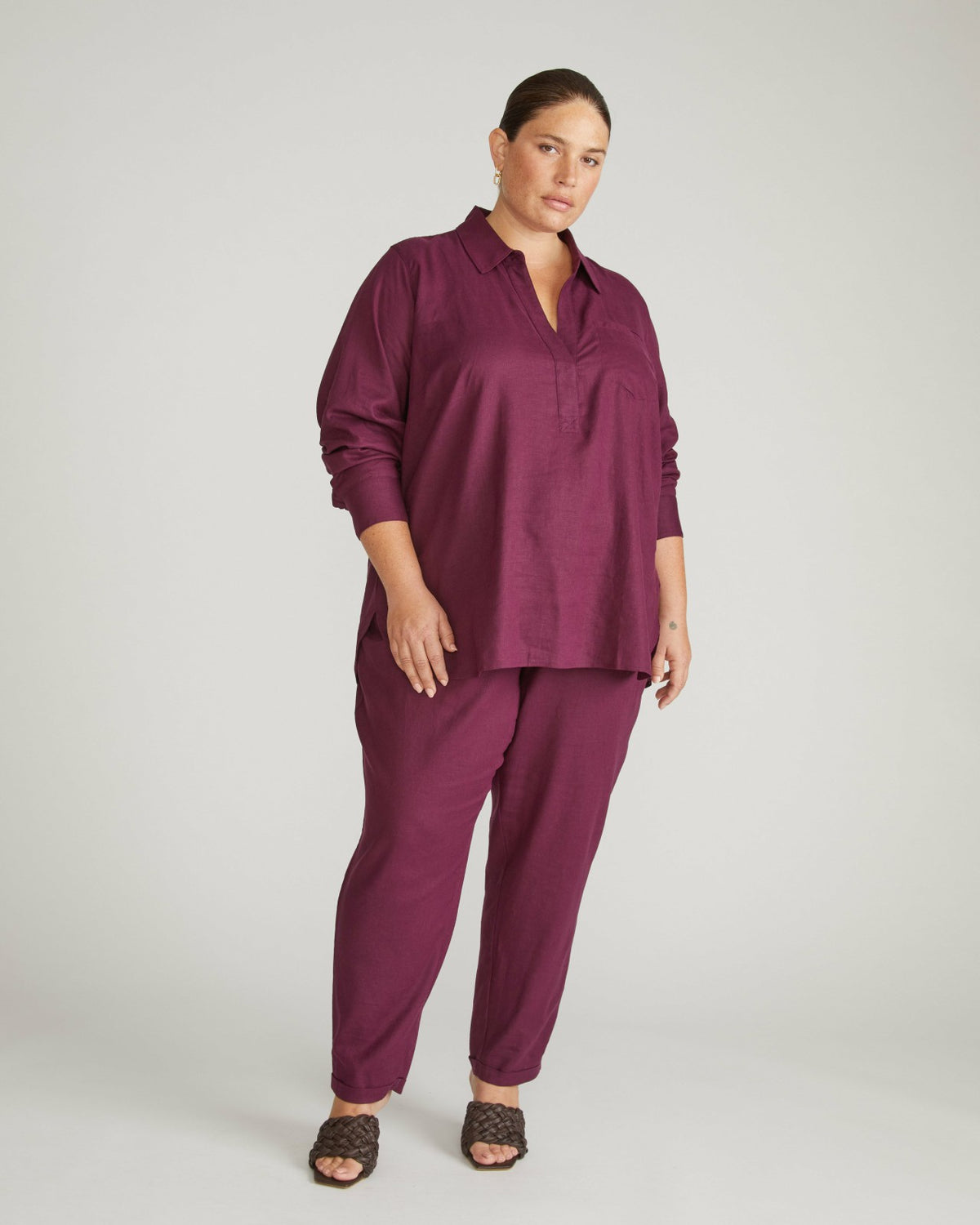 Button Back Linen Blend Polo Shirt - Acai | Universal Standard