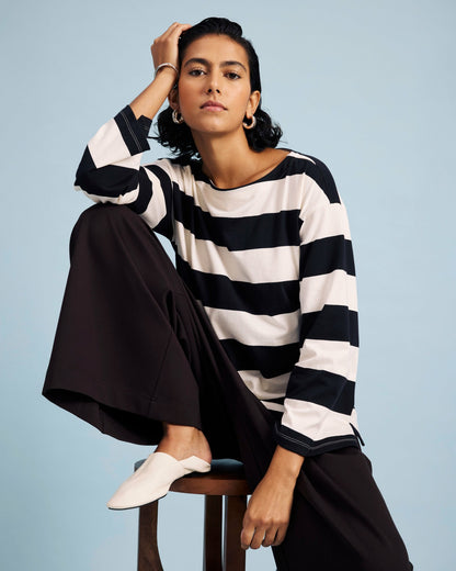 Montauk Breton Stripe Bell Sleeve Top - Ecru/Black Rugby Stripe | Universal Standard
