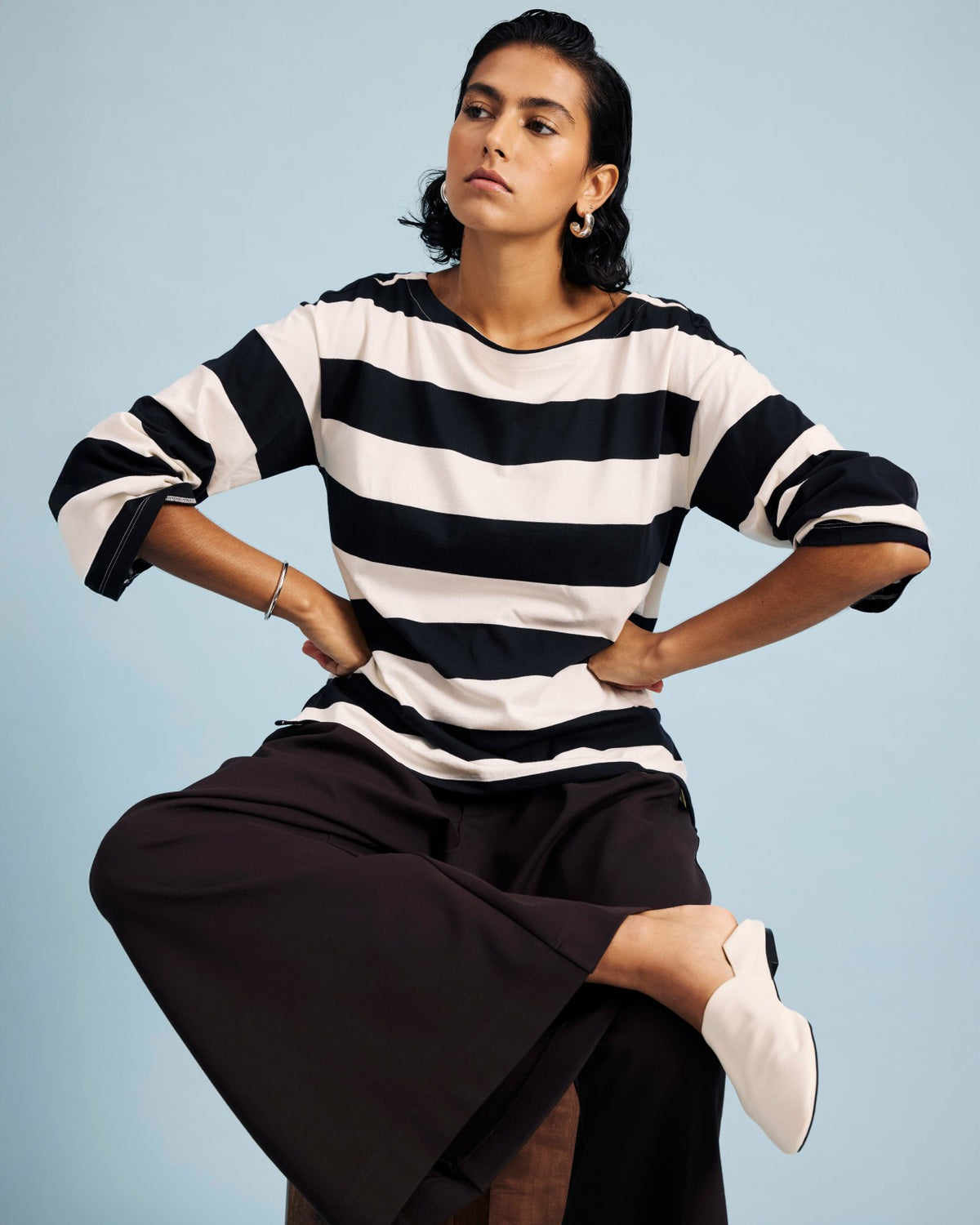 Montauk Breton Stripe Bell Sleeve Top - Ecru/Black Rugby Stripe | Universal Standard