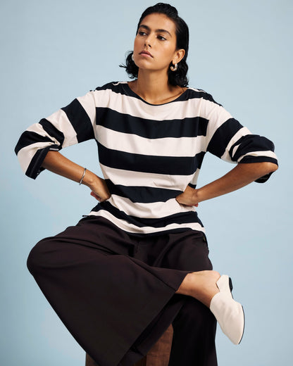 Montauk Breton Stripe Bell Sleeve Top - Ecru/Black Rugby Stripe | Universal Standard