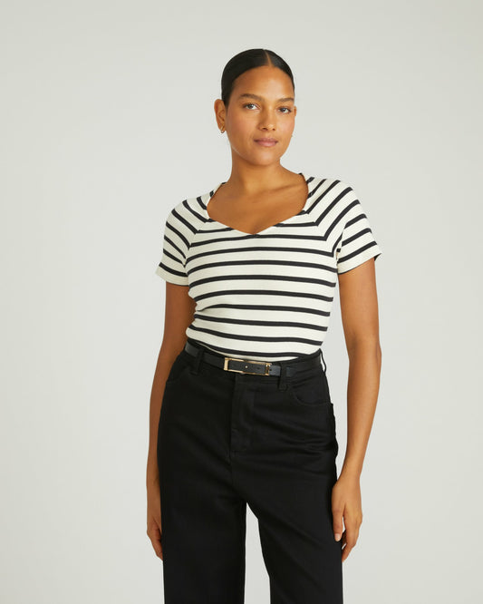 Carey Ribbed Sweetheart Tee - Ecru/Black Stripe | Universal Standard
