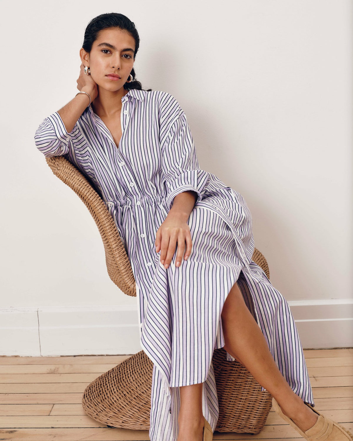 Paros Drawstring Linen Blend Shirtdress - Lilac Stripe Print | Universal Standard