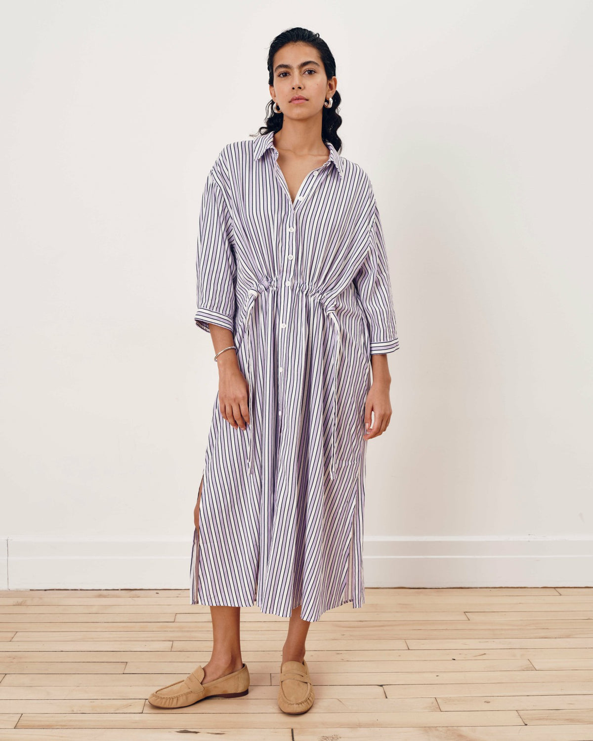 Paros Drawstring Linen Blend Shirtdress - Lilac Stripe Print | Universal Standard