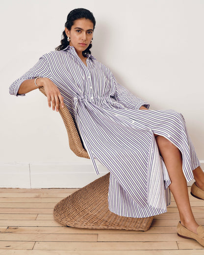 Paros Drawstring Linen Blend Shirtdress - Lilac Stripe Print | Universal Standard
