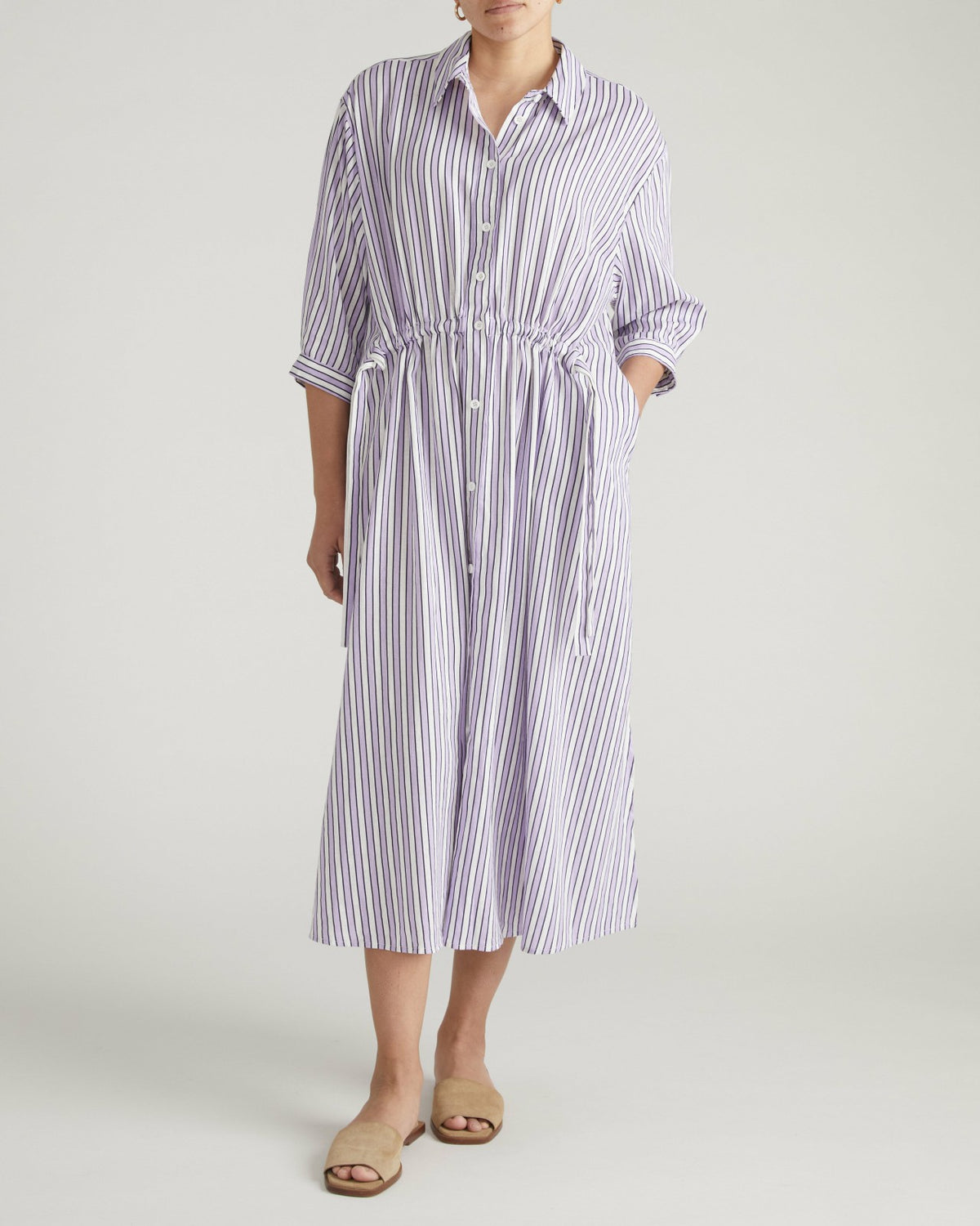 Paros Drawstring Linen Blend Shirtdress - Lilac Stripe Print | Universal Standard