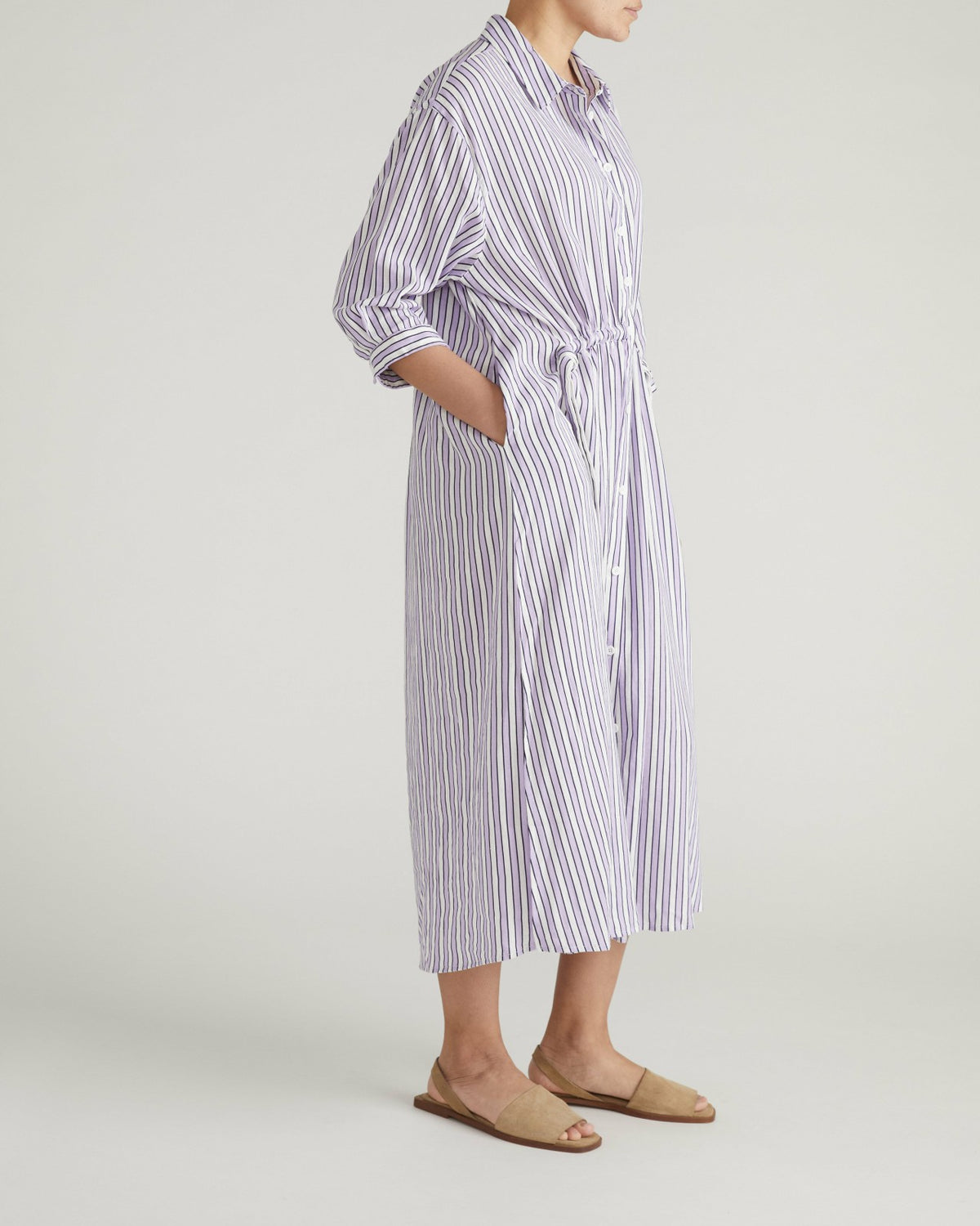 Paros Drawstring Linen Blend Shirtdress - Lilac Stripe Print | Universal Standard