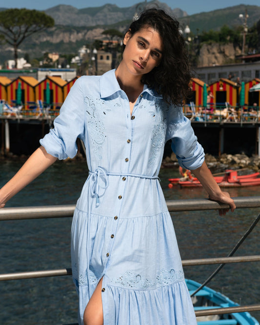 Alix Embroidered Linen Blend Shirtdress - Cielo Blue | Universal Standard