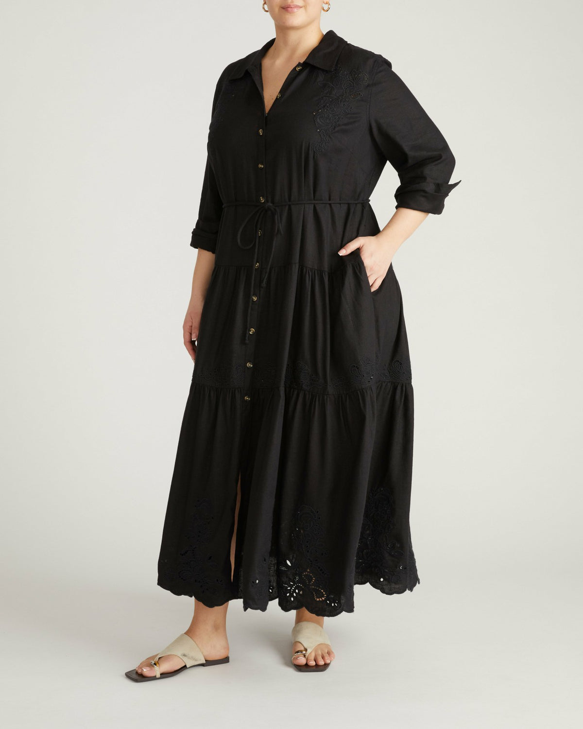 Alix Embroidered Linen Blend Shirtdress - Black | Universal Standard