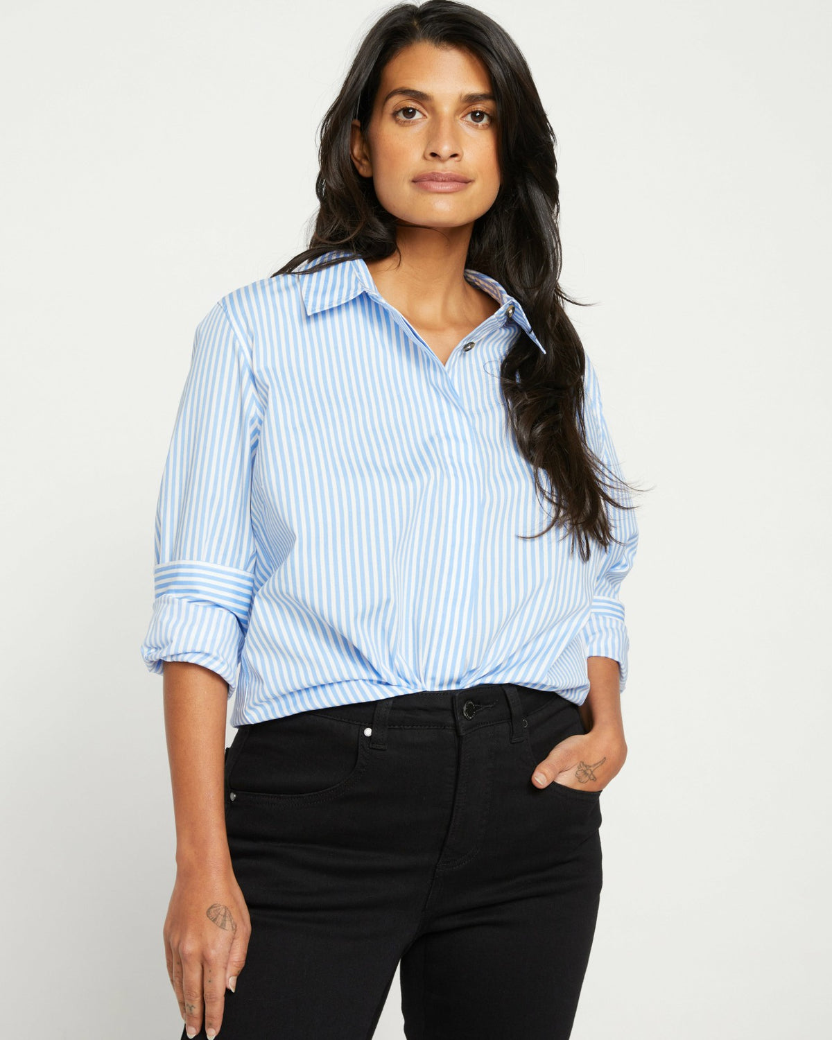 Elbe Stretch Poplin Shirt Classic Fit - Blue/White Stripe | Universal Standard
