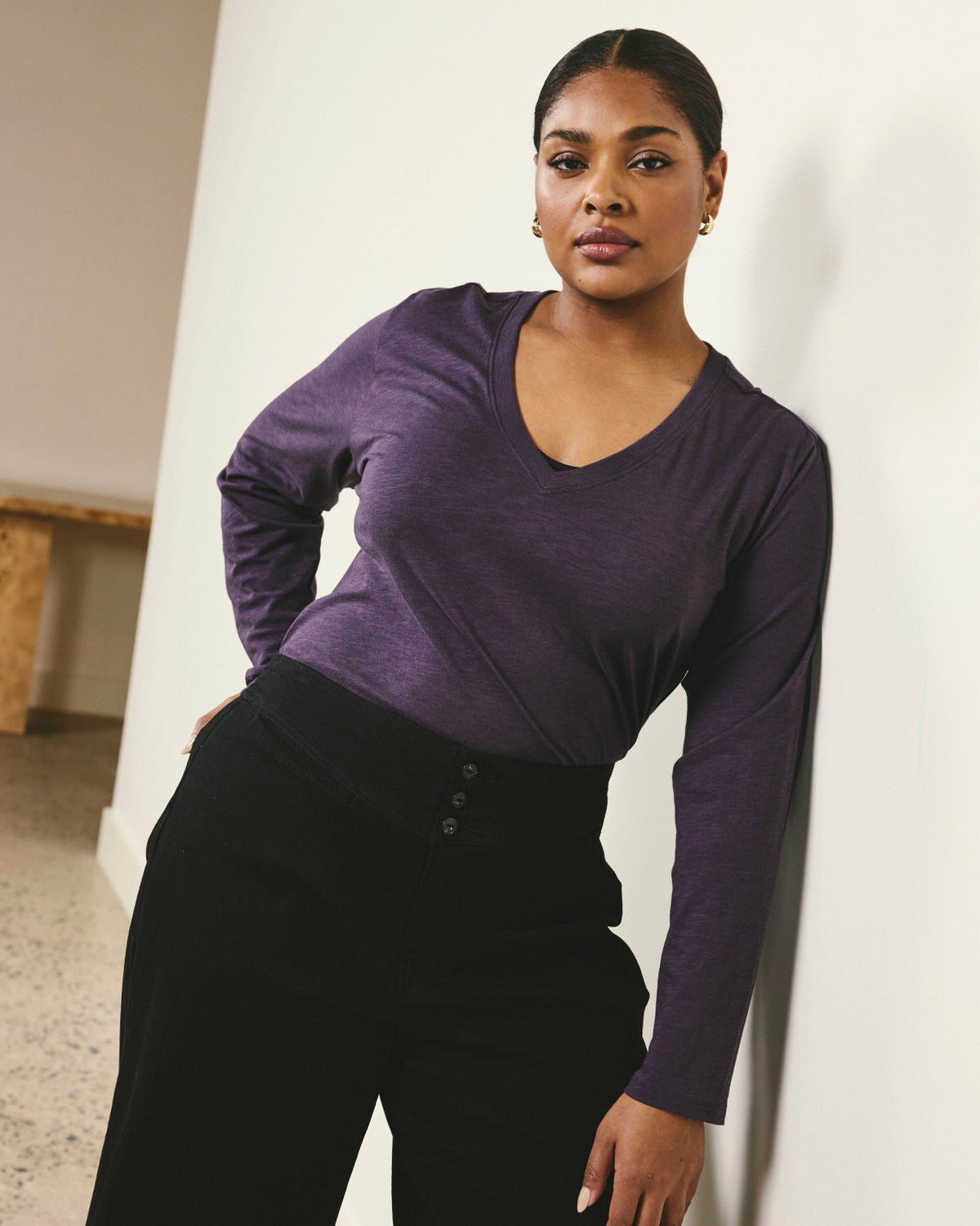 Light-As-Air Long Sleeve V Neck Tee - Purple Jewel | Universal Standard