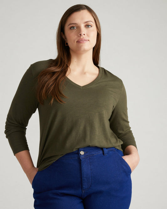 Light-As-Air Long Sleeve V Neck Tee - Nori | Universal Standard