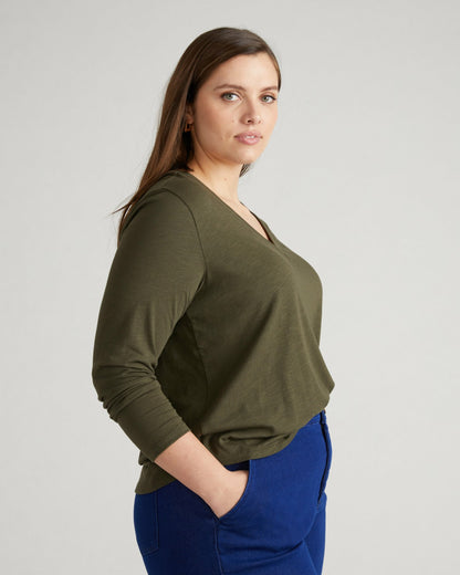Light-As-Air Long Sleeve V Neck Tee - Nori | Universal Standard