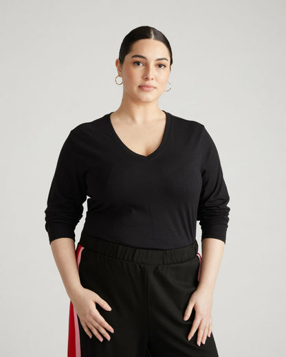 Light-As-Air Long Sleeve V Neck Tee - Black | Universal Standard