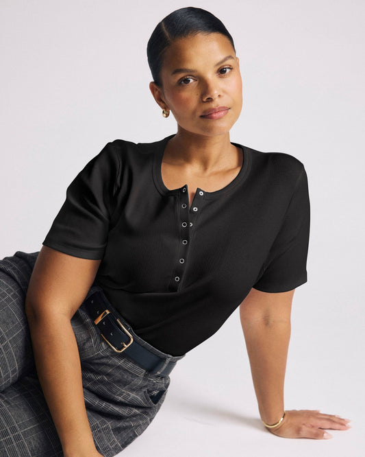 Henley Short Sleeve Ribbed Tee - Black | Universal Standard