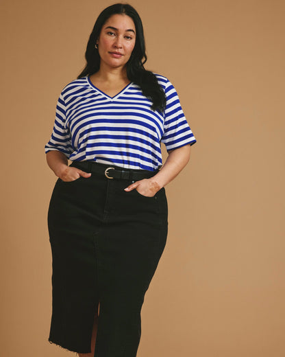 Maia Stovepipe Sleeve V Neck Tee - Hammersmith Blue/White Stripe | Universal Standard