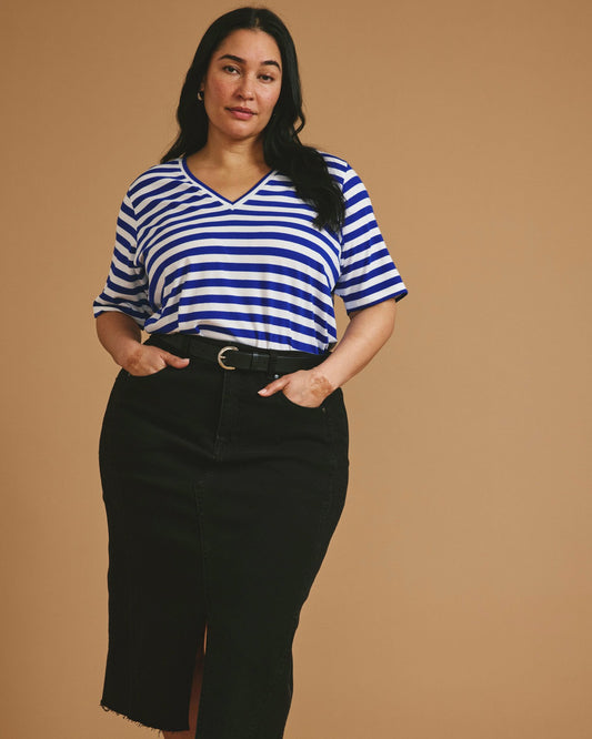 Maia Stovepipe Sleeve V Neck Tee - Hammersmith Blue/White Stripe | Universal Standard