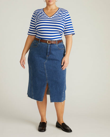 Maia Stovepipe Sleeve V Neck Tee - Hammersmith Blue/White Stripe | Universal Standard