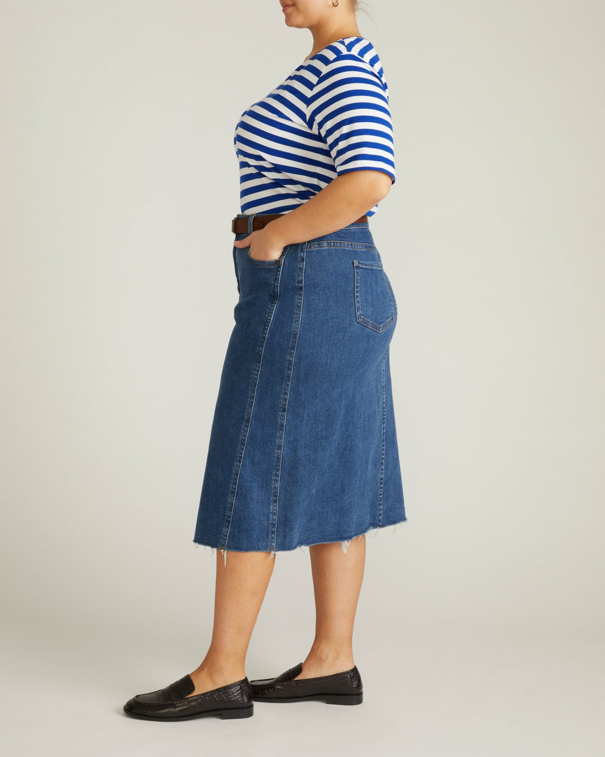 Maia Stovepipe Sleeve V Neck Tee - Hammersmith Blue/White Stripe | Universal Standard