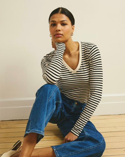 Long Sleeve V Rex - Ecru/Black Stripe | Universal Standard