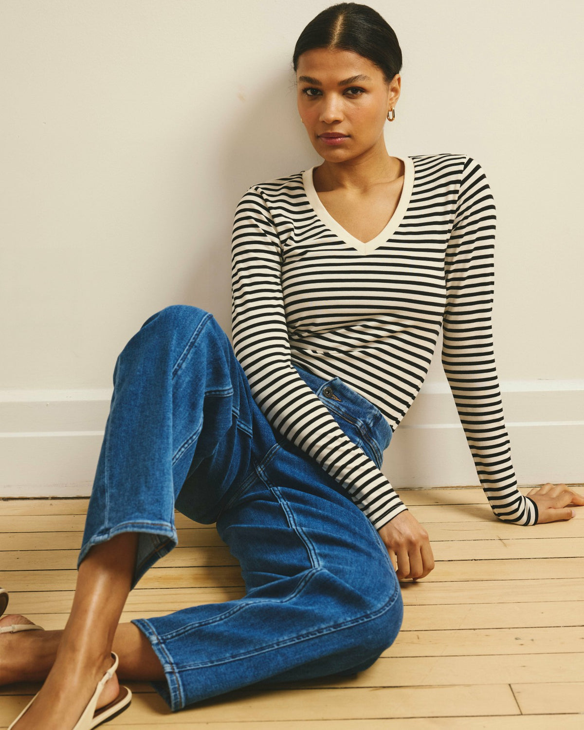 Long Sleeve V Rex - Ecru/Black Stripe | Universal Standard