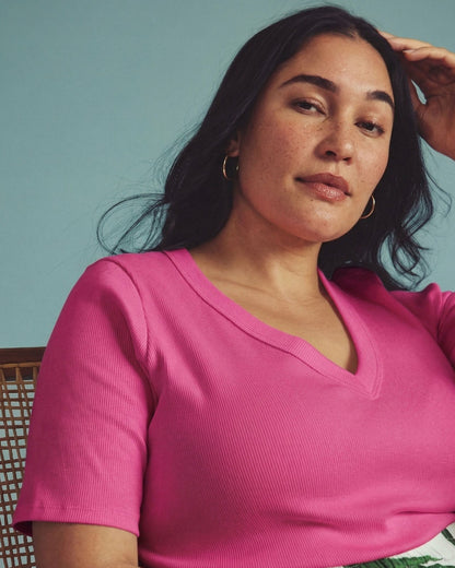 Classic V-Neck Ribbed Tee - Hyper Pink | Universal Standard