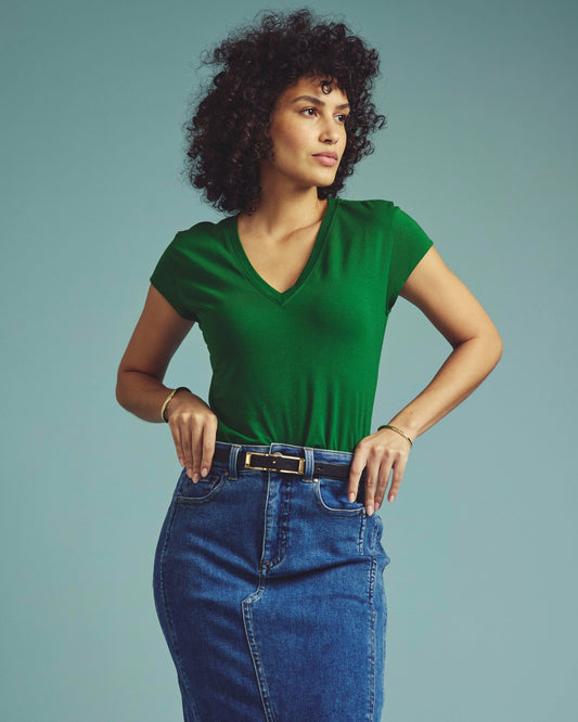 Ashley V Neck Cap Sleeve Tee - Green Park | Universal Standard