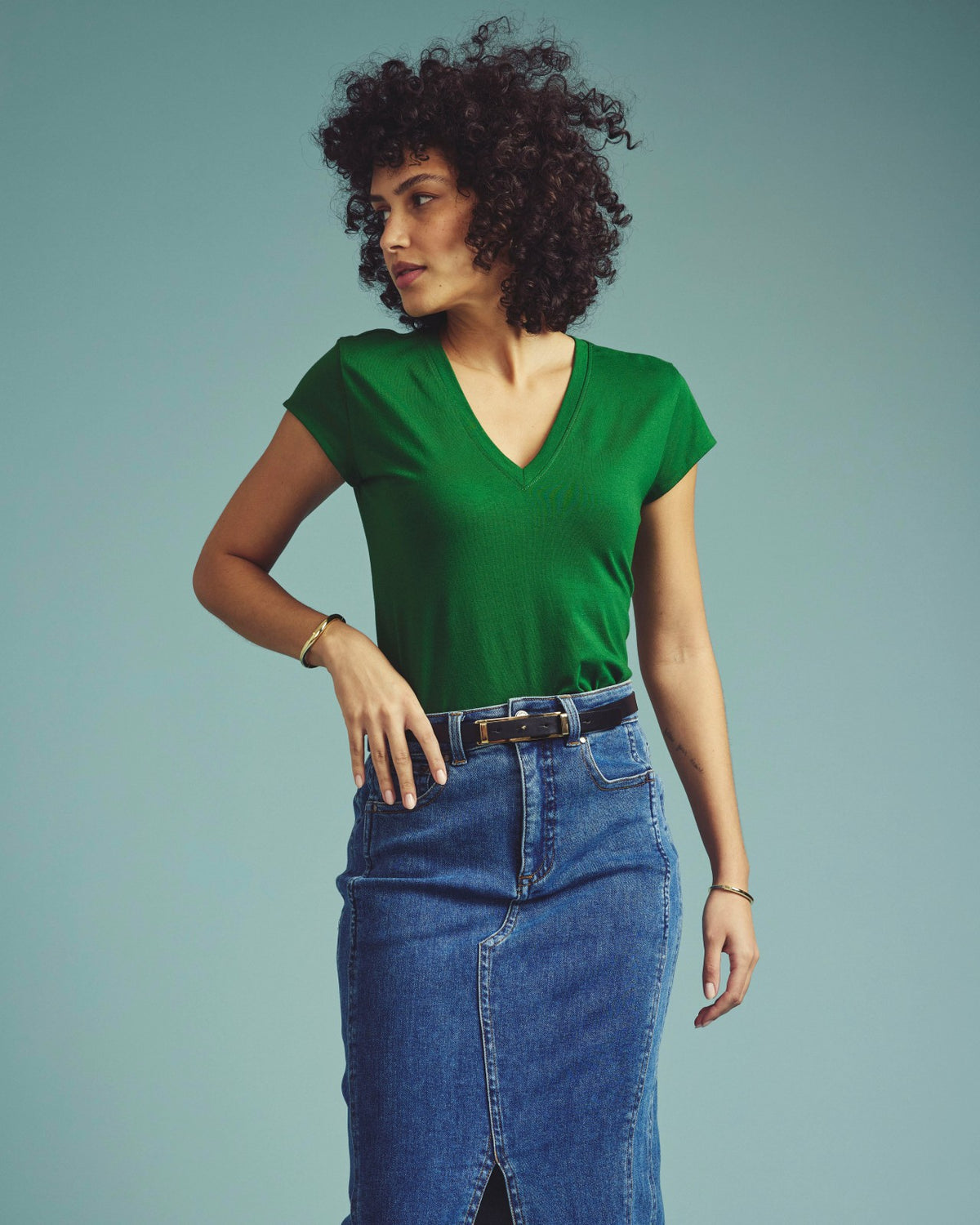 Ashley V Neck Cap Sleeve Tee - Green Park | Universal Standard
