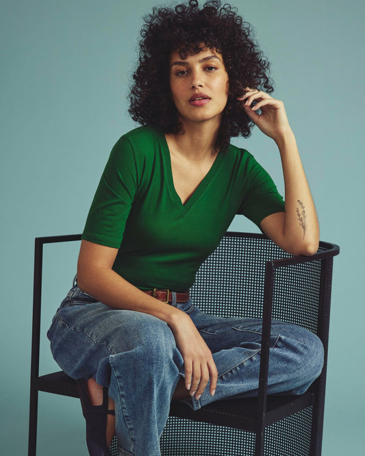 Maia Stovepipe Sleeve V Neck Tee - Green Park | Universal Standard