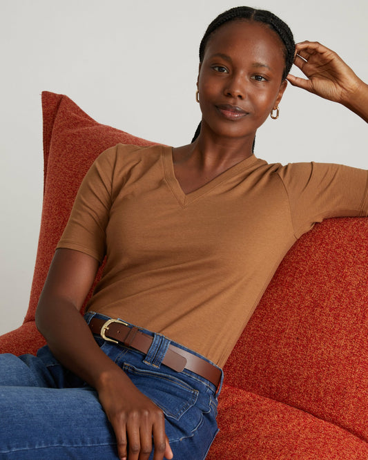 Maia Stovepipe Sleeve V Neck Tee - Classic Camel | Universal Standard